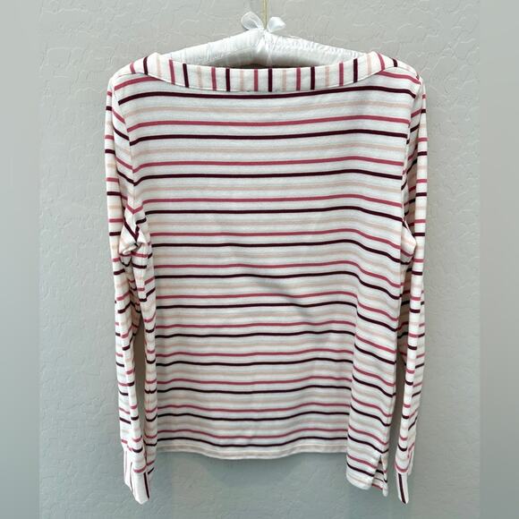 TALBOTS | Striped Long Sleeve Shirt White Pink Burgundy Boat Neck Top | Medium - Picture 4 of 6